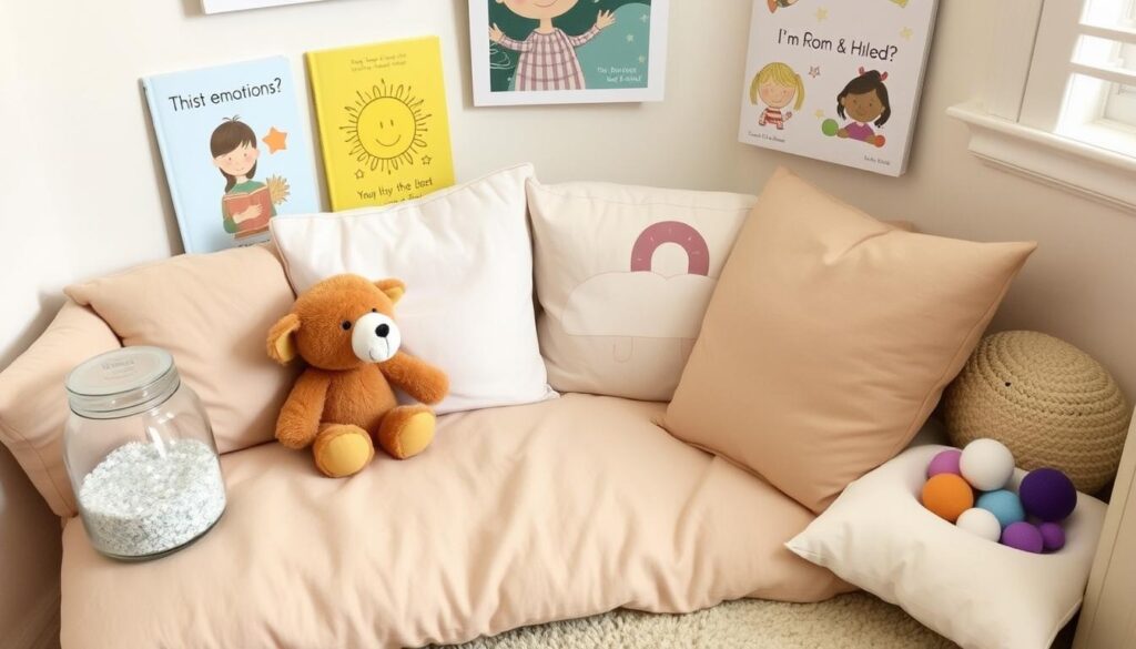 Calming corner with soft pillows and comfort items for child tantrums Calming corner with soft pillows and comfort items for child tantrums