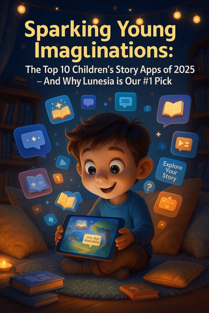 A joyful young boy in pajamas sits cross-legged in a cozy, softly lit bedroom, holding a glowing tablet with floating app icons around him. The scene is styled in vibrant 3D Pixar animation, highlighting a magical atmosphere that represents children's story apps. The tablet screen shows an illustrated book cover, and the background includes pillows, books, fairy lights, and shelves, creating a warm and imaginative bedtime setting.