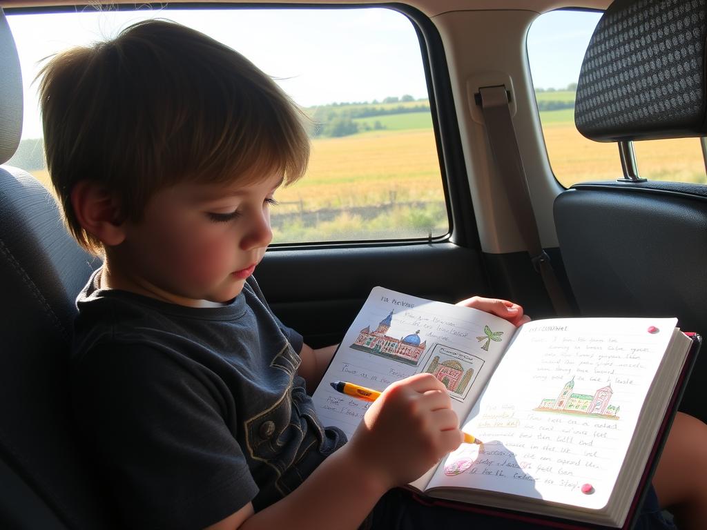 Child creating a travel journal during a road trip, drawing and writing about their experiences as a screen-free road trip activity for kids Child creating a travel journal during a road trip, drawing and writing about their experiences as a screen-free road trip activity for kids