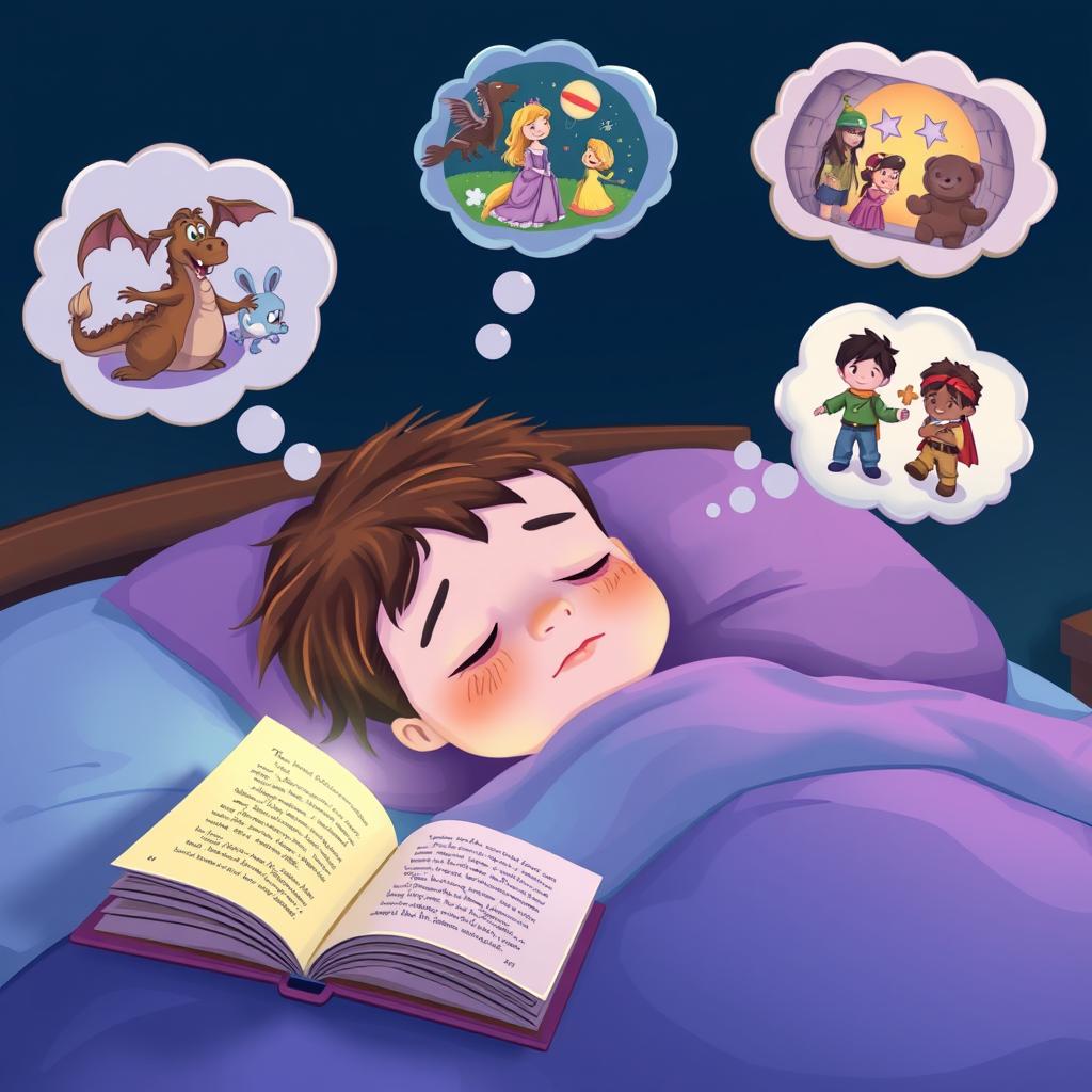 Child sleeping peacefully after a bedtime story with dream-like thought bubbles above showing story characters Child sleeping peacefully after a bedtime story with dream-like thought bubbles above showing story characters