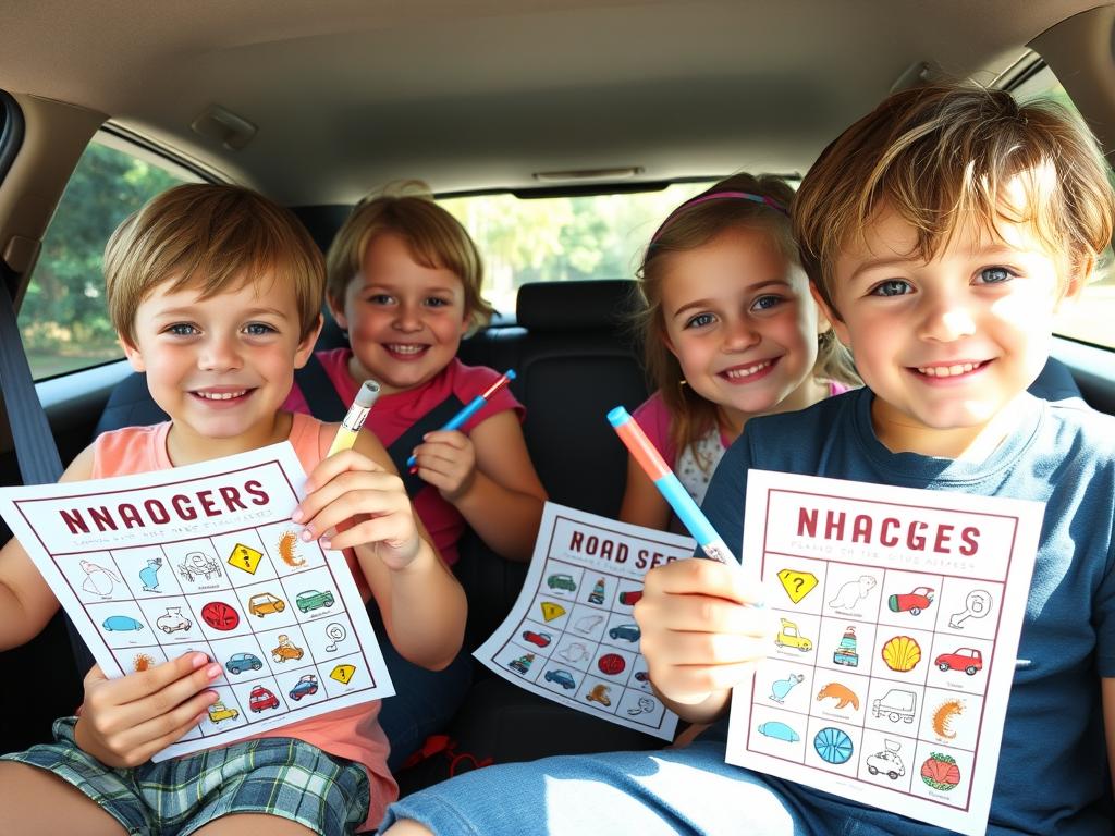 Children playing road trip bingo with custom bingo cards featuring items to spot during screen-free road trip activities for kids Children playing road trip bingo with custom bingo cards featuring items to spot during screen-free road trip activities for kids