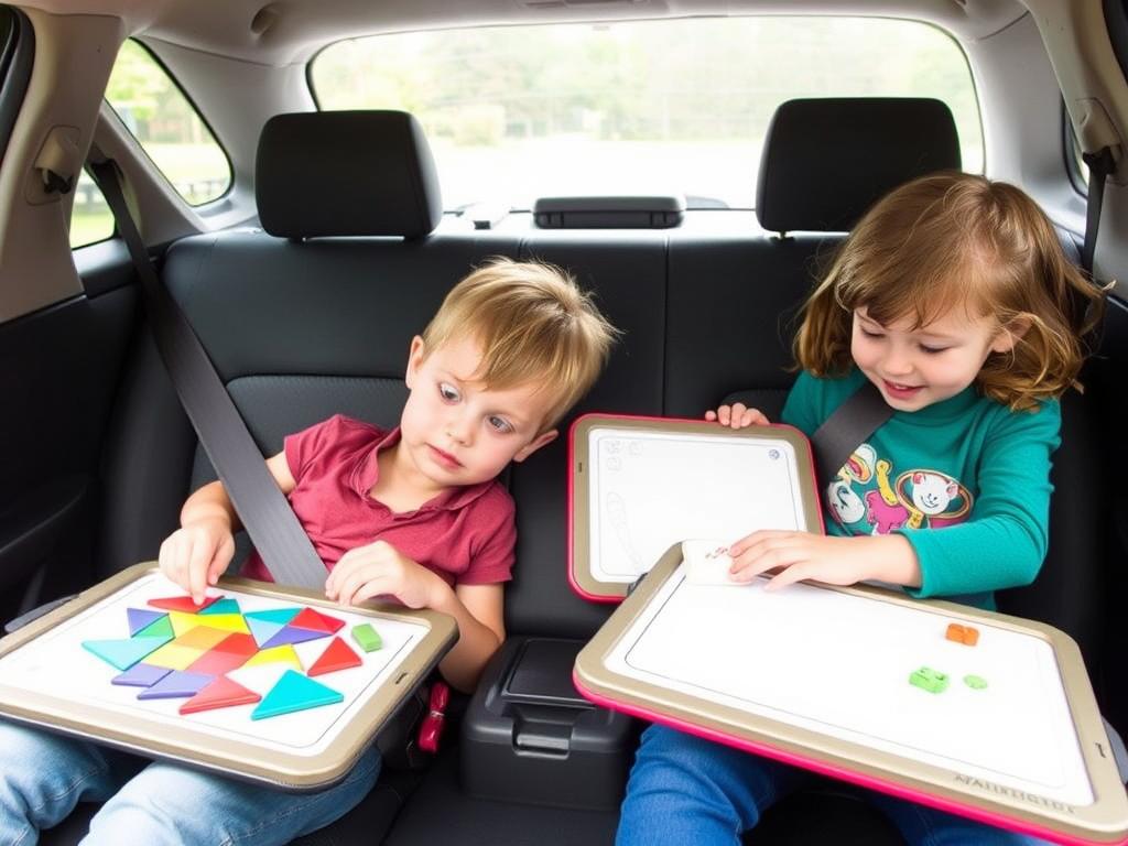 Children playing with magnetic travel games in the backseat during a screen-free road trip activity for kids Children playing with magnetic travel games in the backseat during a screen-free road trip activity for kids