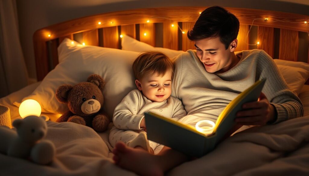 Cozy bedroom at bedtime, a toddler snuggling in soft pajamas, surrounded by plush toys and fairy lights. Warm lighting casts a gentle glow, as a caring parent reads a storybook, creating a soothing, nurturing atmosphere. The child's expression is relaxed and content, ready to drift off to sleep after a thoughtful, structured routine. Wooden furniture, neutral tones, and textured fabrics evoke a tranquil, inviting ambiance. Attention to small details, like a nightlight or a cup of warm milk, enhances the overall sense of comfort and security.