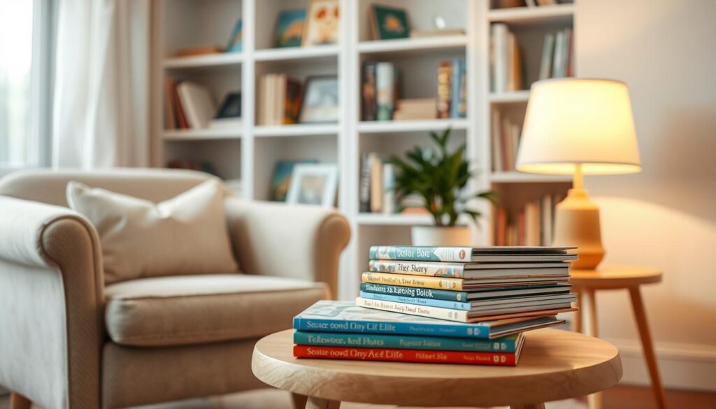 Cozy living room with plush armchair and child-sized table, soft lighting from a table lamp casts a warm glow. On the table, a stack of children's storybooks in muted tones, their covers inviting and soothing. Shelves in the background hold more books, creating a sense of calmness and comfort. A small potted plant adds a touch of nature, contributing to the tranquil atmosphere. The room exudes a nurturing, restful ambiance, perfect for a parent selecting calming bedtime stories to share with their child.