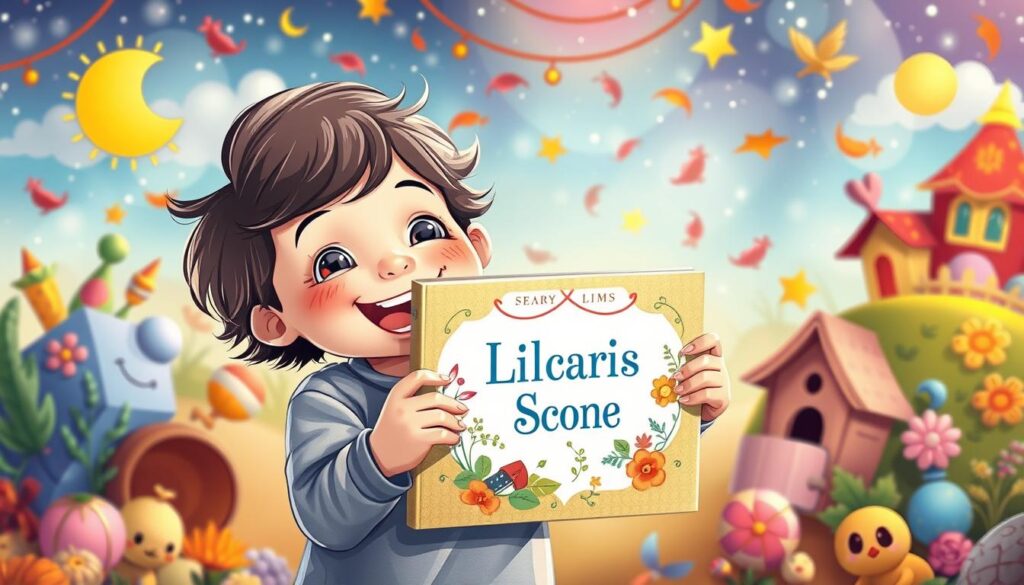 Create an image of a child holding a personalized children's book with their name in it.
