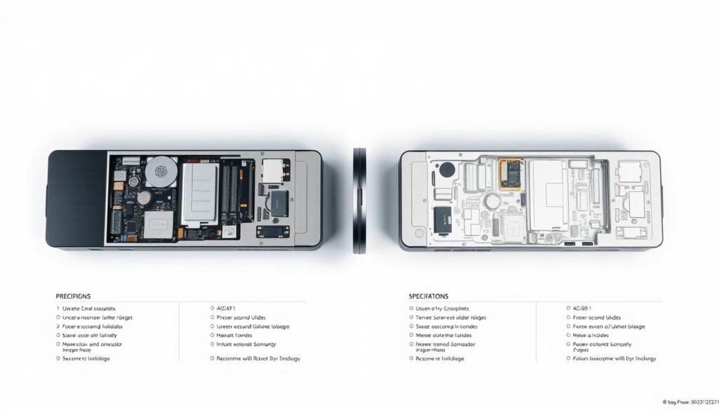 Detailed, technical comparison of two devices side-by-side, with clean, minimalist presentation. Crisp, high-contrast lighting from above illuminates sleek, brushed metal casings in cool hues. Exploded views reveal internal components and connectivity options. Precise, technical illustrations alongside concise, informative specifications. Balanced layout with ample negative space to emphasize the key details. Conveys a sense of objective analysis and informed decision-making.