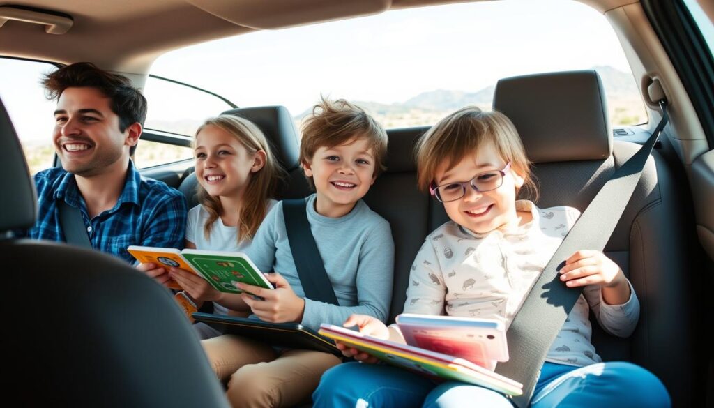 Family enjoying screen-free activities during a road trip with kids looking out windows and playing games