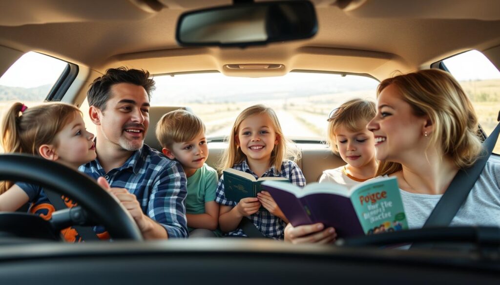 Family listening to an audiobook together during a road trip, engaged and smiling as part of screen-free road trip activities for kids Family listening to an audiobook together during a road trip, engaged and smiling as part of screen-free road trip activities for kids