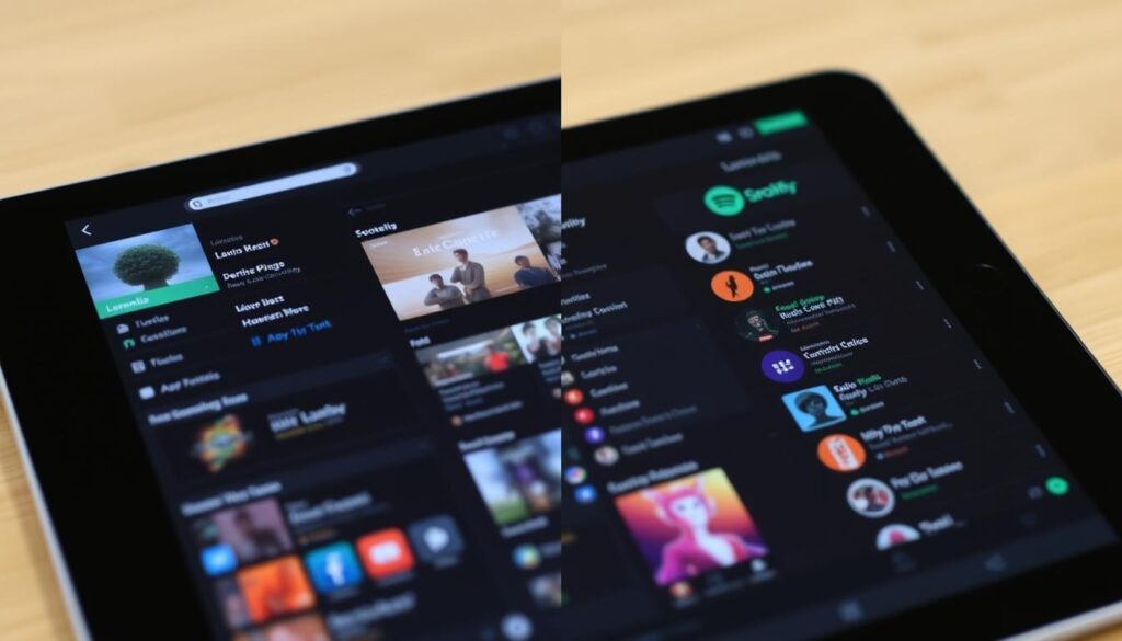 Generate an image comparing Lunesia and Spotify interfaces on a tablet.