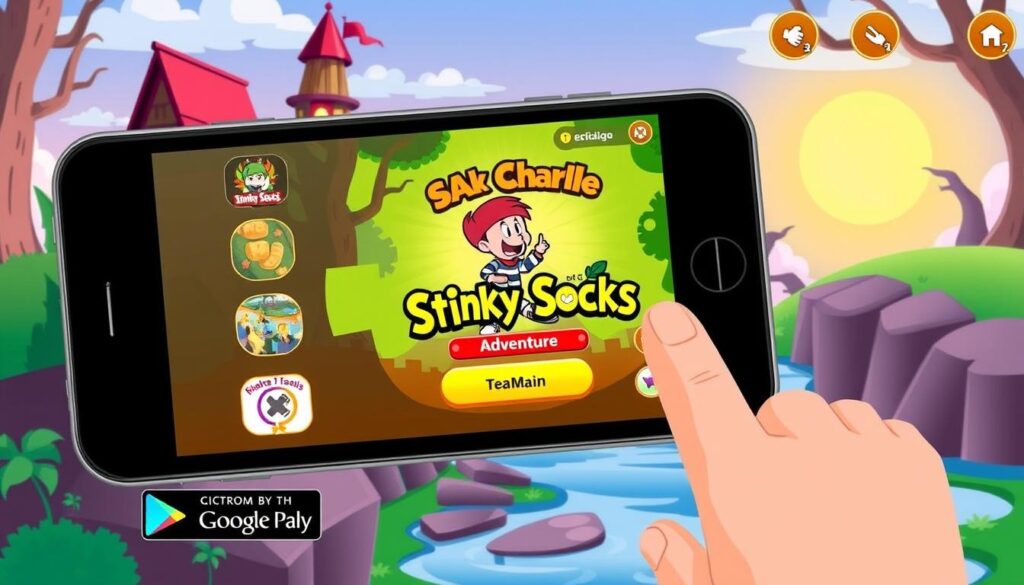 Generate an image of Sir Charlie Stinky Socks Adventure app's main screen showcasing its interactive elements.
