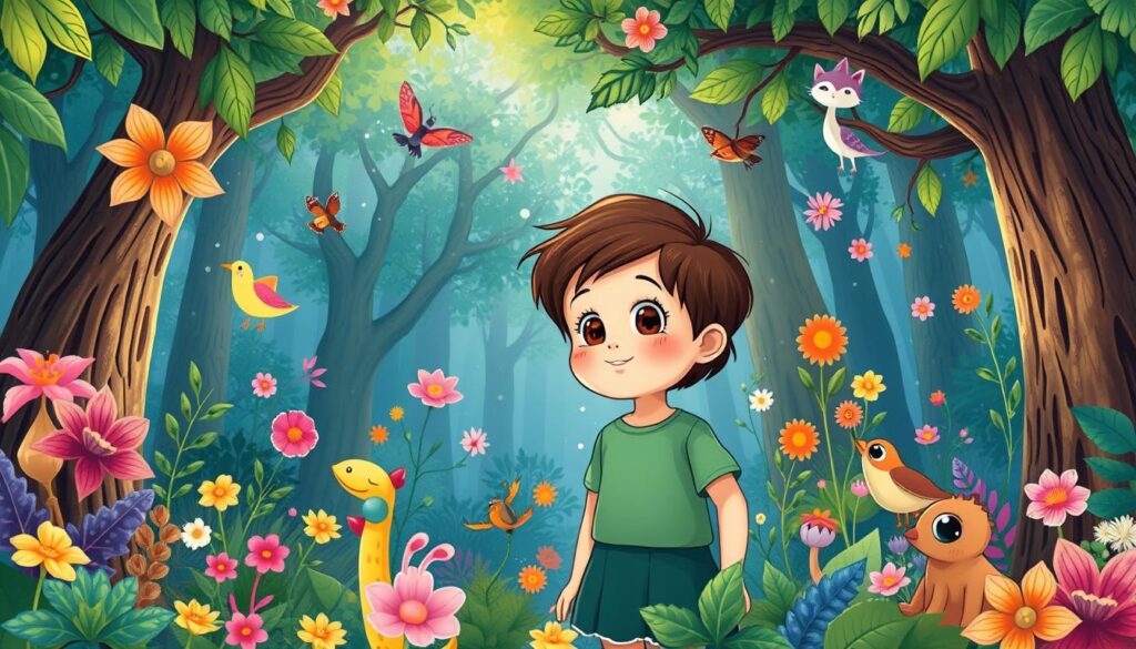 Generate an image of a child as the main character in a storybook with a magical forest background.