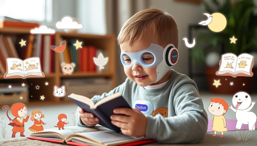 Generate an image of a child creating a story with OnceUponABot
