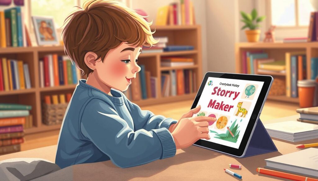 Generate an image of a child creating a storybook on an iPad using the Storybook Maker app.