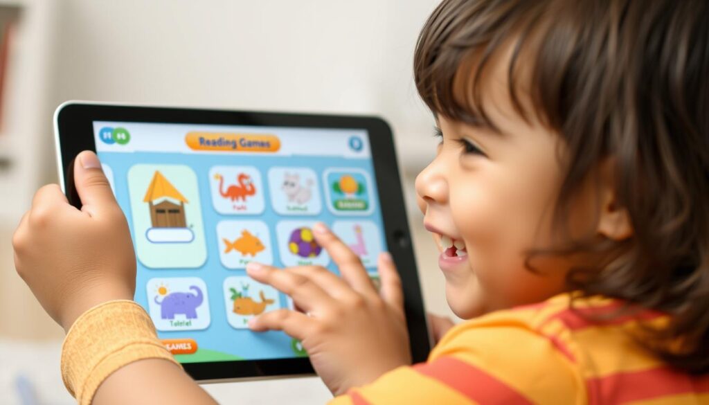 Generate an image of a child engaged with the SplashLearn app on a tablet, with interactive reading games on the screen.