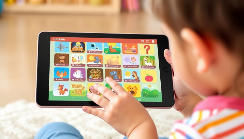 Generate an image of a child engaging with Lunesia on a tablet, with a variety of interactive educational content on the screen.