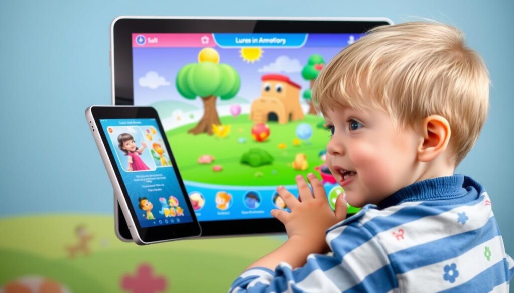 Generate an image of a child engaging with Lunesia on a tablet, with interactive animations and stories on the screen.