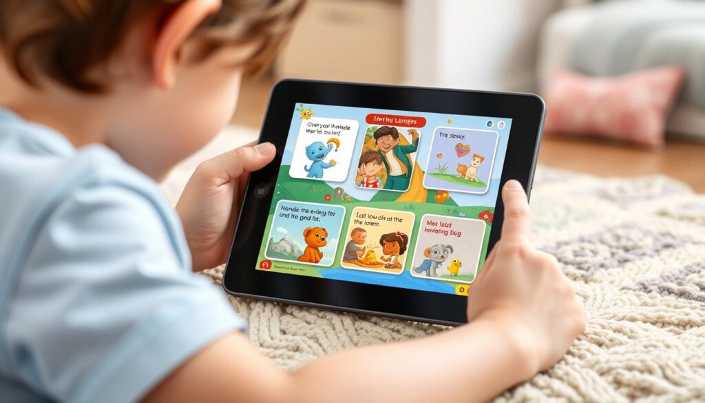 Generate an image of a child engaging with Lunesia on a tablet, with interactive stories unfolding on the screen.