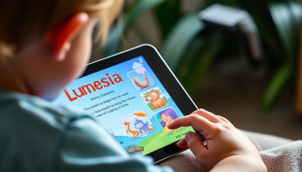 Generate an image of a child engaging with Lunesia on a tablet, with interactive story elements on the screen.
