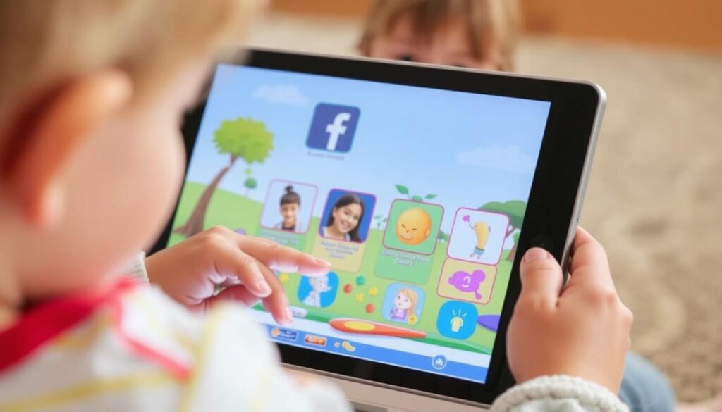 Generate an image of a child engaging with Lunesia's adaptive storytelling technology on a tablet.