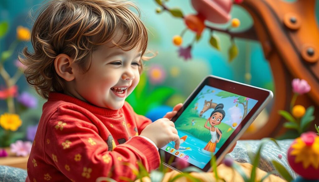 Generate an image of a child engaging with Lunesia's interactive stories on a tablet.
