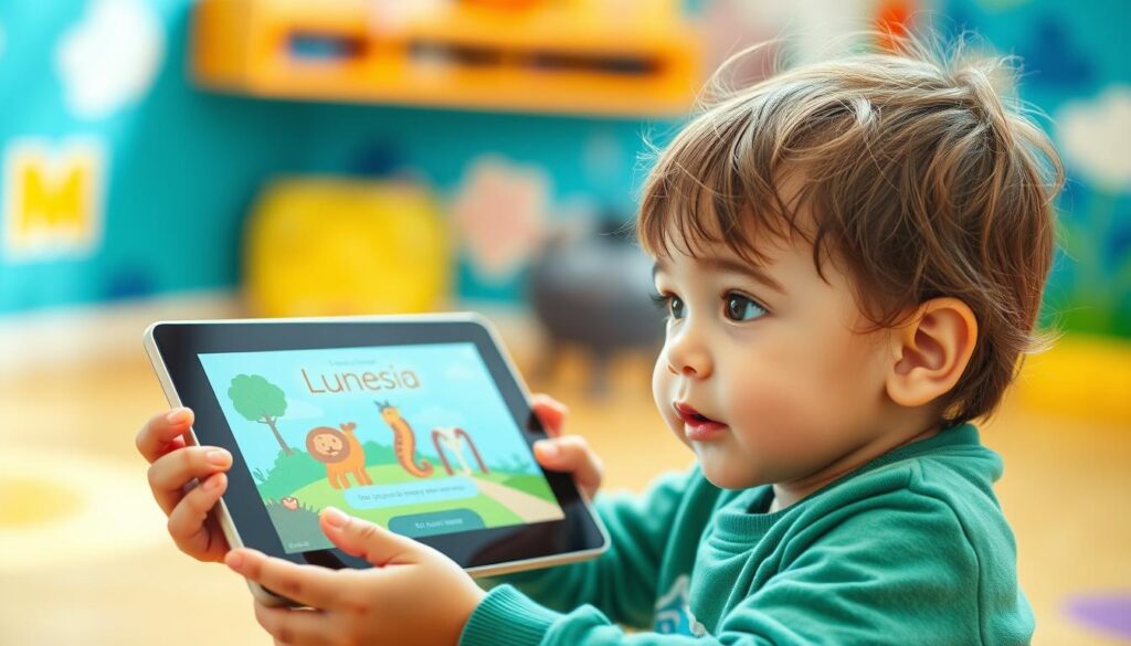 Generate an image of a child engaging with a Lunesia interactive story on a tablet.