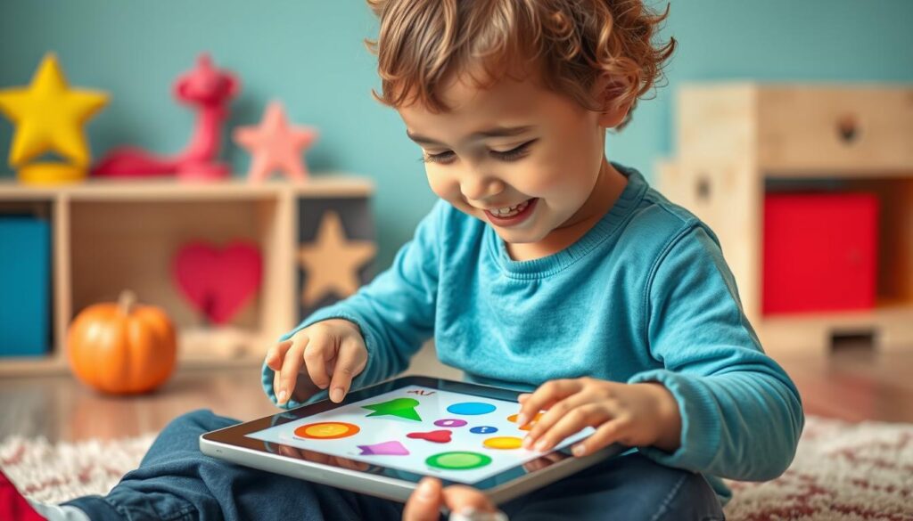 Generate an image of a child engaging with a tablet, surrounded by colorful educational content.