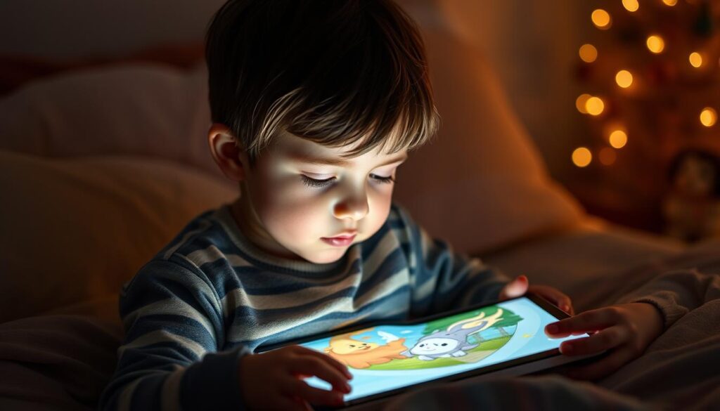 Generate an image of a child engaging with an interactive bedtime story on a tablet.