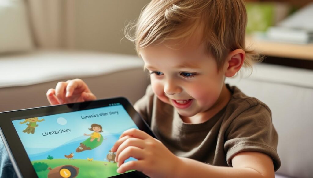 Generate an image of a child engaging with the Lunesia app on a tablet, with a calm and interactive story unfolding on the screen.
