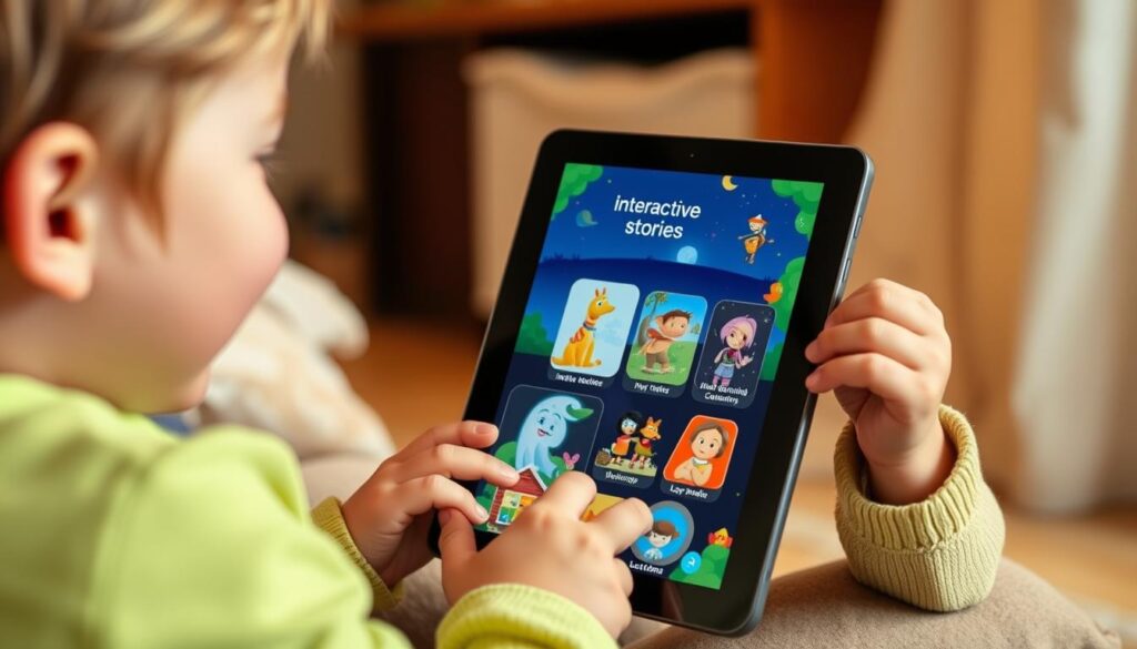 Generate an image of a child engaging with the Lunesia app on a tablet, with interactive stories and animations on the screen.