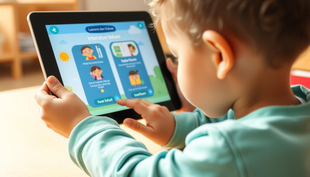 Generate an image of a child engaging with the Lunesia app on a tablet, with interactive values lessons on the screen.