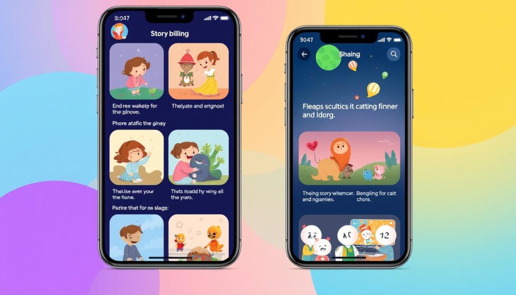 Generate an image of a child-friendly interface of a story app with a variety of engaging stories and interactive features.