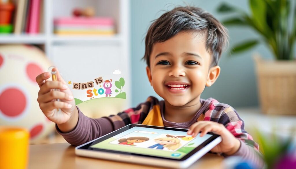 Generate an image of a child happily creating a digital storybook on a tablet with Lunesia's interface.