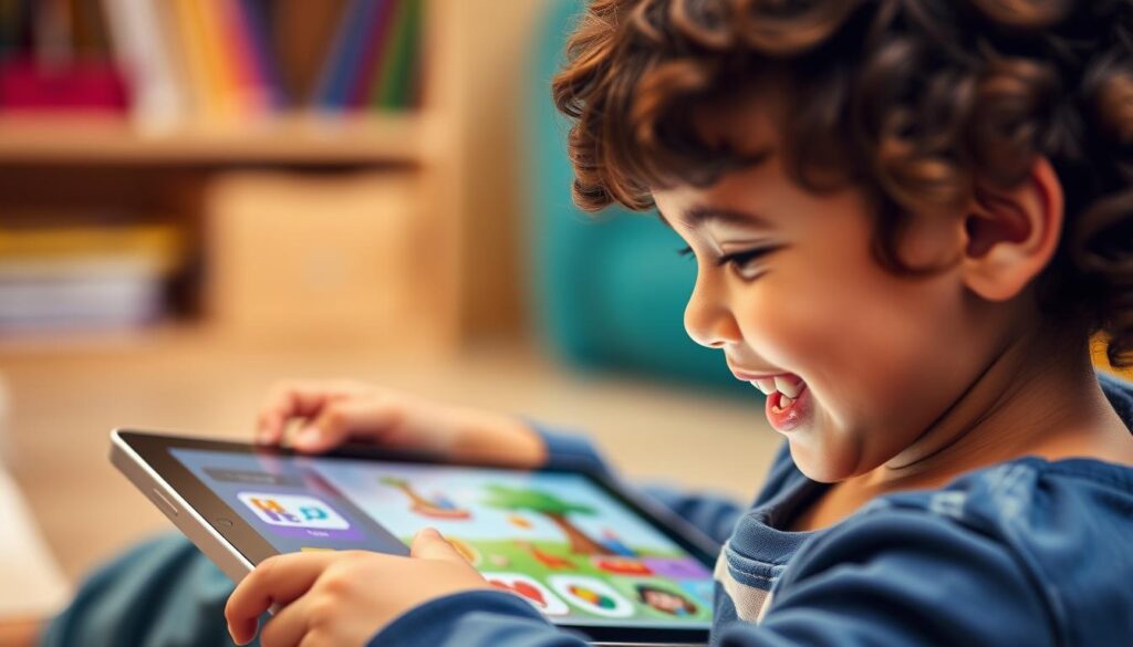 Generate an image of a child happily creating a digital storybook on a tablet with the My Story app open.