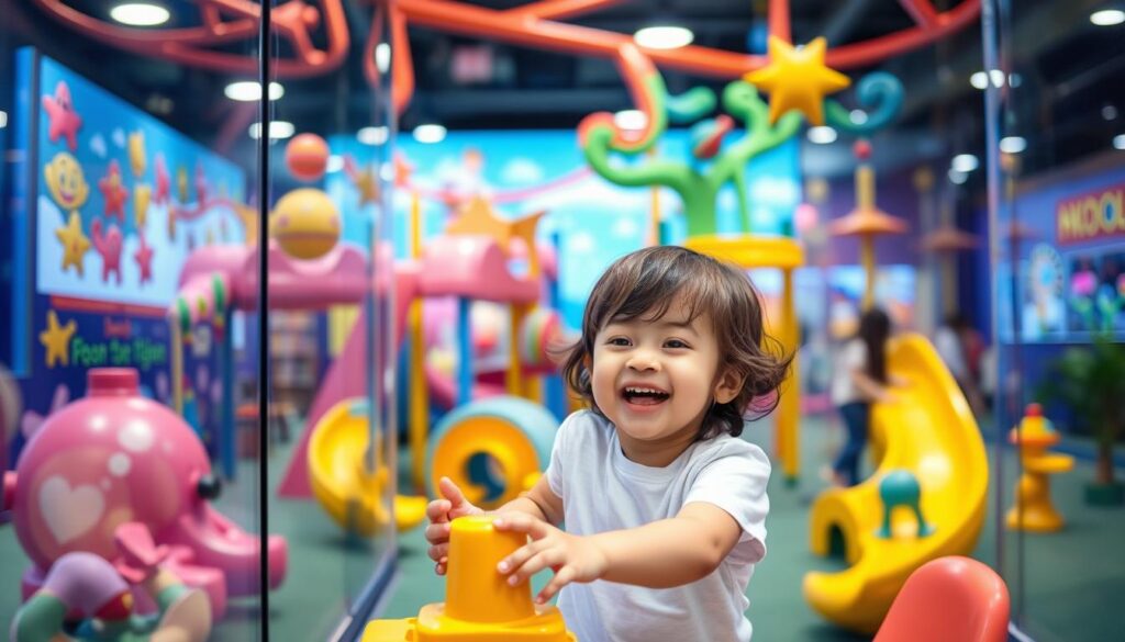 Generate an image of a child happily playing in a digital playground with various interactive learning activities.