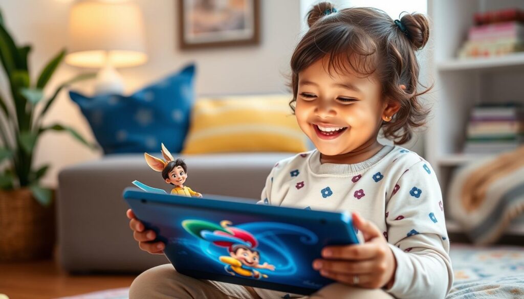 Generate an image of a child happily reading on a tablet with a Disney character on the screen.