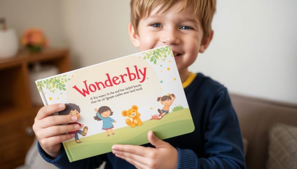 Generate an image of a child holding a personalized Wonderbly book with their name and likeness featured prominently in the story.