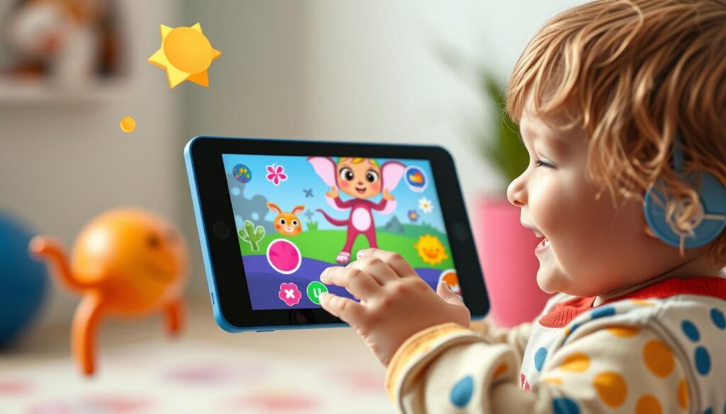 Generate an image of a child interacting with Lunesia on a tablet, with colorful animations and interactive elements on the screen.