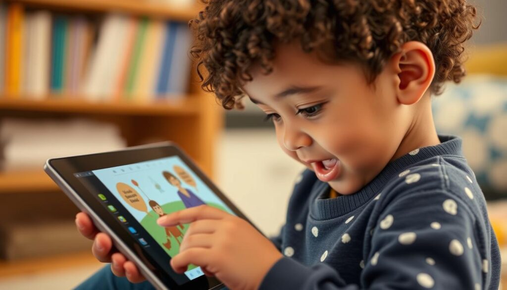 Generate an image of a child interacting with Lunesia's interactive storytelling platform on a tablet.