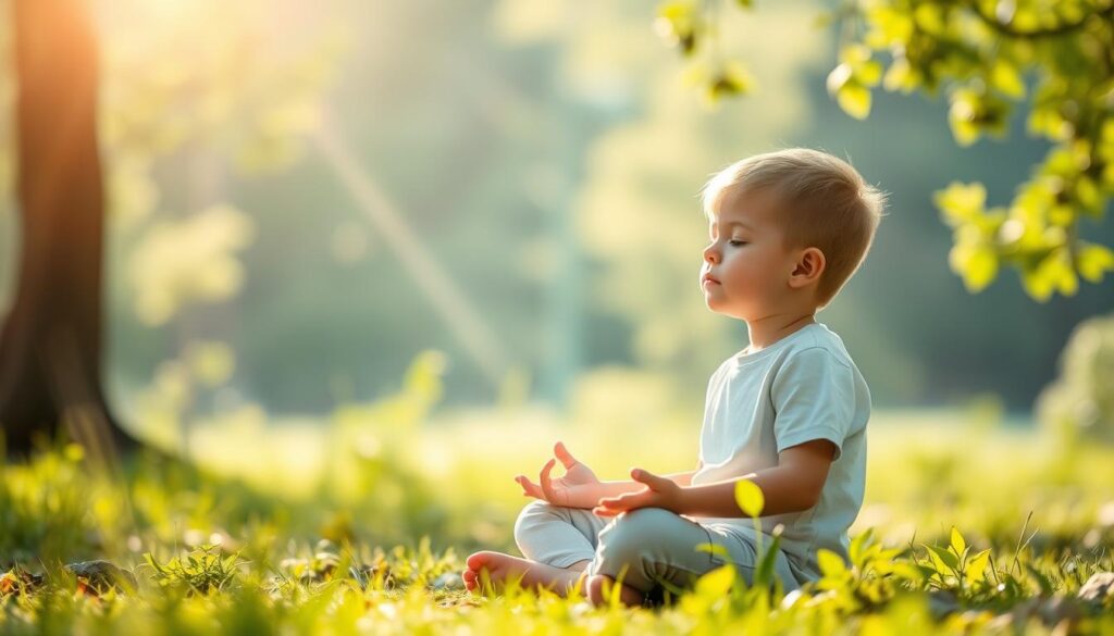 Generate an image of a child meditating with a calm background