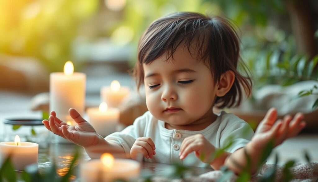 Generate an image of a child meditating with a gentle, sleepy expression, surrounded by calming elements like candles or nature.