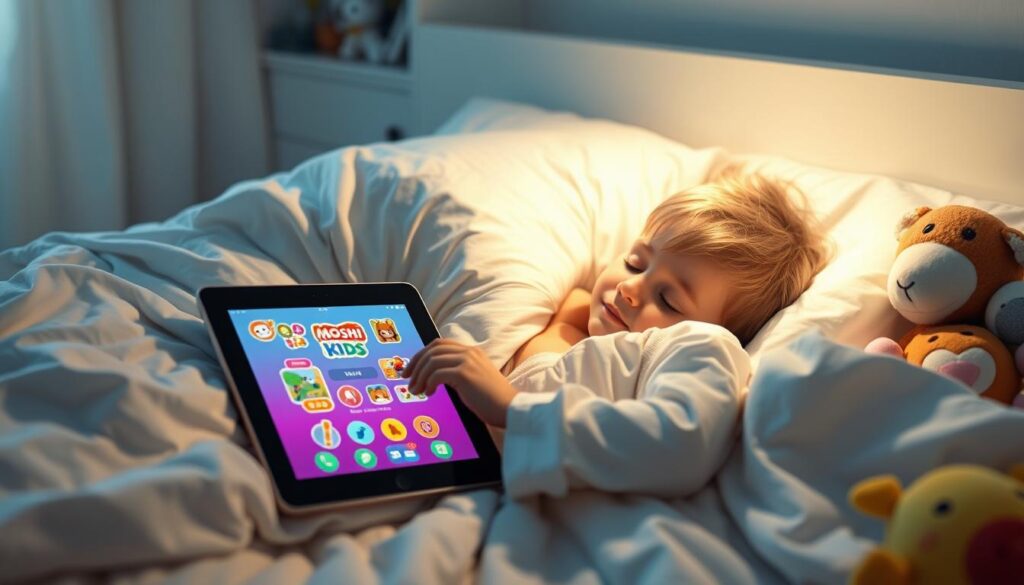 Generate an image of a child peacefully sleeping with a Moshi Kids app interface on a tablet beside them.