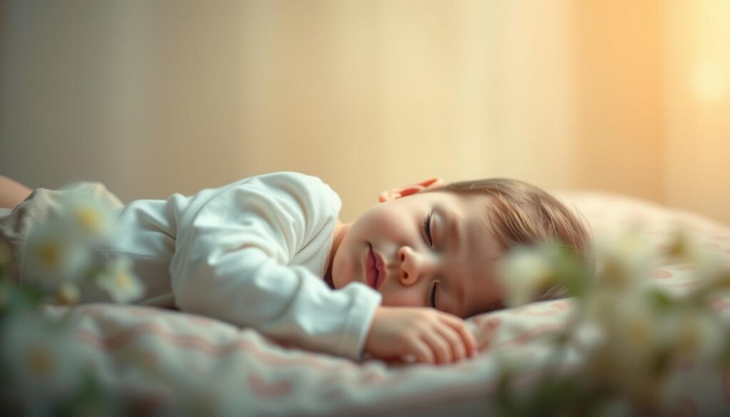 Generate an image of a child peacefully sleeping with a calm background.