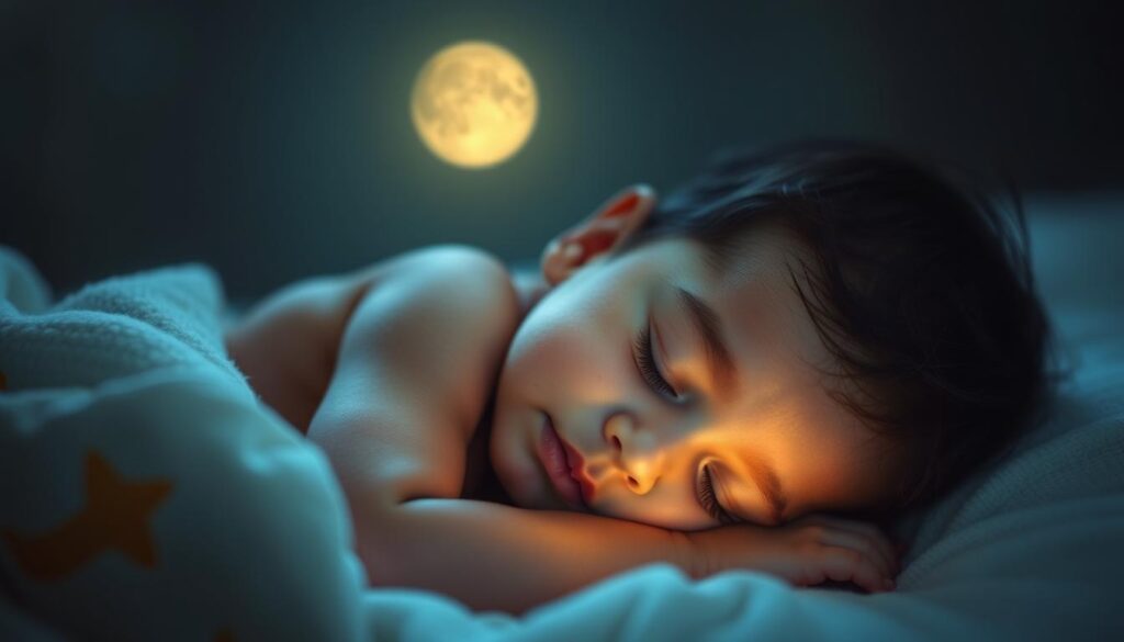 Generate an image of a child peacefully sleeping with a soft, moonlit glow surrounding them.