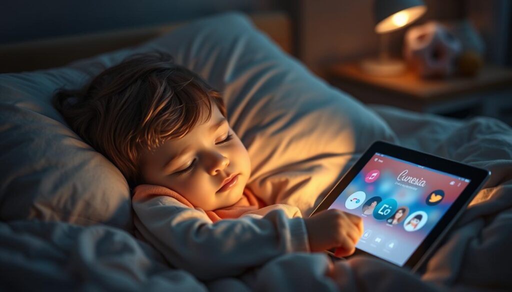 Generate an image of a child peacefully sleeping with a tablet beside them displaying the Lunesia app.