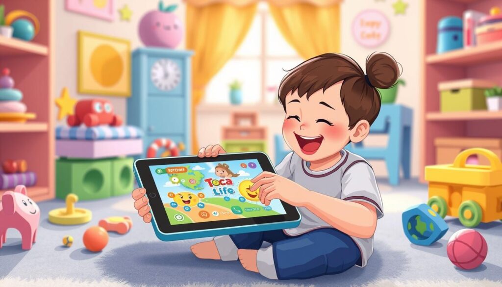 Generate an image of a child playing with Toca Life World on a tablet.