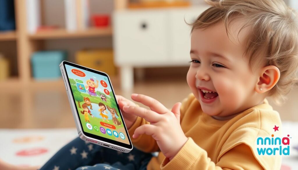Generate an image of a child playing with the Sago Mini World app, featuring a colorful and interactive world with various characters and activities.