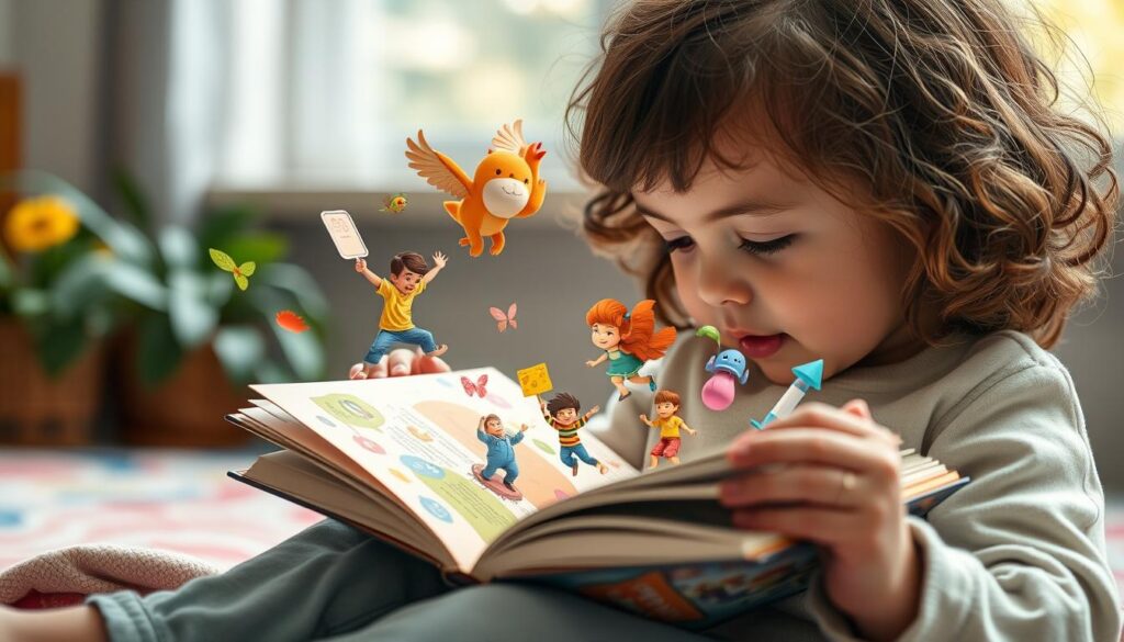Generate an image of a child reading a Bookful book with AR characters jumping off the page.