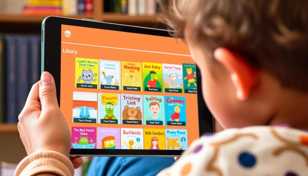 Generate an image of a child reading a book on the ReadingIQ app, with a vast library of children's books displayed on the screen.