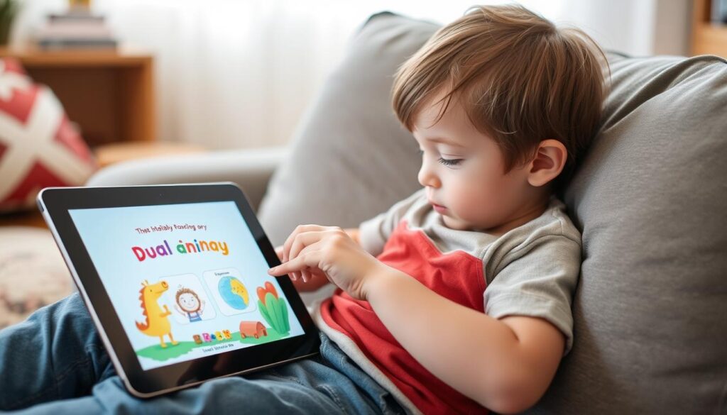 Generate an image of a child reading a dual-language eBook on a tablet.