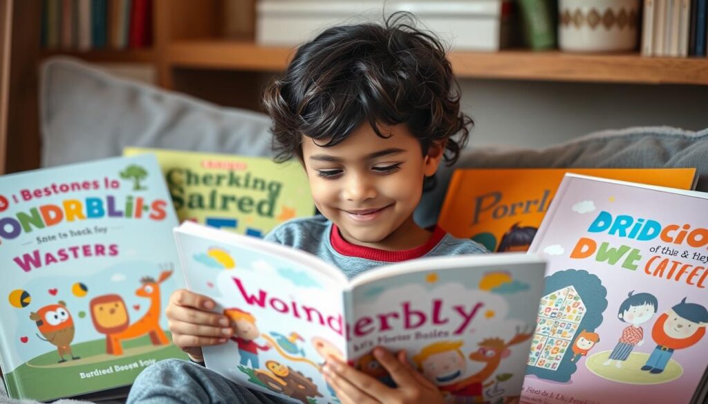 Generate an image of a child reading a personalized Wonderbly book alongside other personalized books from competitors.
